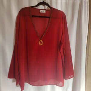Units Woman 3X Red Sheer Tunic Top with Beading Detail